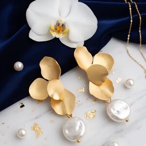 Golden Blooms & Pearl Drops Vintage Dangle Earrings Dainty Timeless Elegance